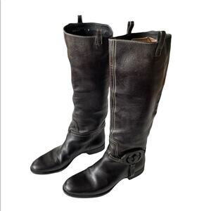 Gucci Interlocking G Logo Tall Riding Boots Knee Leather Black 7 GUC